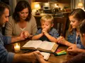 A family gathers for a meaningful family bible study, holding hands around an open Bible, with a candle casting a warm glow.