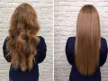 Antes y después de nanoplastia pelo: cabello rizado y voluminoso se transforma en liso y sedoso.