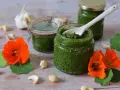 Frisches Kapuzinerkresse Pesto in Gläsern, umgeben von Kapuzinerkresseblüten, Cashewkernen und Knoblauch.