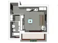 Pianta progetto casa 35 mq: bagno, cucina a vista, soggiorno con divano e tavolo, e un'area esterna pavimentata.