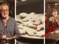 Man visar en vit pepparkaka formad som en figur. En annan vit pepparkaka med ansikte och vingar visas.