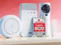 Säkerhetssystem från Verisure: larm utan abonnemang. Ett komplett kit med larmpanel, kamera, dörr/fönstersensor och en rund enhet.