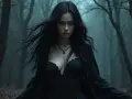 Lilith w bliźniętach, mroczna postać w czarnej sukni, stoi w mglistym lesie. Jej długie, czarne włosy falują na wietrze.