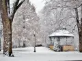 Zimowy park w Polanicy-Zdroju. Altana i drzewa pokryte śniegiem, tworzące magiczny krajobraz. Idealne polanica-zdrój atrakcje zimą.