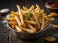 Goldgelbe, knusprige Pommes in einer Schüssel, perfekt zum Pommes selbst machen. Dazu Ketchup und eine Dip-Schale.