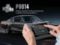 A hand uses an iCarsoft diagnostic tool to address the P0014 code, indicating exhaust camshaft timing over-advanced or system performance issues on Bank 1, with a classic car in the background.