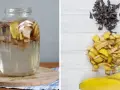 Słoik z wodą i kawałkami bananów, obok stosy skórek. To domowy nawóz z banana dla roślin.