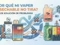 Ilustración sobre por qué un vaper desechable es malo, mostrando problemas de batería y componentes.