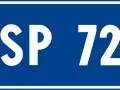 Segnale stradale blu con scritte bianche "SP 72". Questo è un riferimento a un articolo del codice della strada.