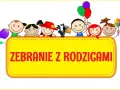Radosne dzieci z balonami i konewką zapraszają na zebranie z rodzicami.