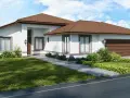 Nowoczesny bungalow z brązowym dachem i białymi ścianami, otoczony zielonym trawnikiem i krzewami.