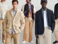 Cinco hombres con estilos urbanos y modernos. Todos lucen un outfit con pantalón beige, combinando chaquetas, cárdigans y camisas.