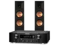 Marantz PM7000N z dwoma czarnymi kolumnami z miedzianymi membranami. Idealny zestaw do słuchania muzyki.