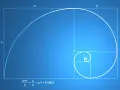Spiral zbudowany z kwadratów, ilustrujący złoty podział fibonacciego. Wzór matematyczny potwierdza proporcje.