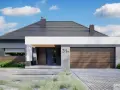 Nowoczesny dom jednorodzinny, wariant HK 31/4, z drewnianą bramą garażową i betonowymi elementami.