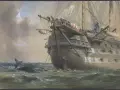 Un navire historique, peut-être celui du premier câble transatlantique, navigue en mer. Une baleine surgit des vagues.