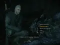 Geralt w wilczej skórze w Wiedźmin 3 klęczy przy potworze, wybierając opcję dialogową "Oddaj kieł Tordara".
