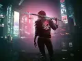 Una guerrera con una katana y una chaqueta con un demonio rojo, lista para la acción en una ciudad cyberpunk llena de luces de neón y carteles publicitarios.