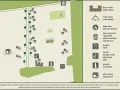 Mapa Kampinoskiego Parku Narodowego z zaznaczonymi wiatami, paleniskami, toaletami, placem zabaw i innymi udogodnieniami.