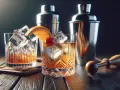 Klasyczny Old Fashioned przepis: whisky, lód, pomarańcza i wisienka. Obok shakery i muddler.