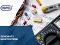 Schematy elektryczne z symbolem czujnika kontaktronowego, przewodami i multimetrem.