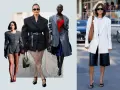 Kobiety w stylowych garsonkach: szarej, czarnej i białej. Eleganckie marynarki i spódnice lub szorty tworzą modne zestawy.