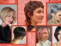 Collage di acconciature con tagli corti pratici: bob biondo, pixie grigio, caschetto a fungo, mullet castano e bob rosa.