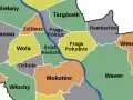 Mapa przedstawia podział na dzielnice Warszawy, w tym Wola, Mokotów, Praga Północ i Południe, Bemowo, Bielany, Żoliborz, Ochota, Ursus, Włochy, Targówek, Rembertów, Wesoła i Wawer.