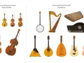 Instrumenty strunowe smyczkowe i szarpane: skrzypce, altówka, wiolonczela, kontrabas, harfa, banjo, gitary, mandolina, bałałajka, cymbały.