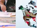 Une main utilise un carré de papier pour étaler de la peinture, une méthode pour peindre sans pinceau. À côté, l'Amérique du Nord est découpée dans du papier, révélant un collage d'argent et d'objets.