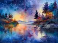 Aquarelle paysage d'un lac paisible reflétant un ciel étoilé aux couleurs vives, avec des silhouettes d'arbres sombres sur les rives.