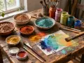 Pots de pigments colorés, pinceaux et palette de peinture sur un établi en bois. L'artiste peintre sur bois prépare ses couleurs.