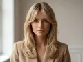 Blondynka w beżowej marynarce z grzywką na bok. Zastanawiasz się, jak sprawdzić, czy pasuje Ci grzywka?