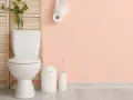 Salle de bain moderne avec WC blanc, plante verte et rouleaux de papier toilette. Idéal pour estimer le tarif remplacement wc complet.