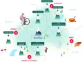 Carte du tour du Mont Blanc, illustrant les cols et le dénivelé. Cycliste, montagnes, lacs et spécialités culinaires.