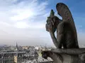 Stryge de Notre Dame, pensif, contemple Paris sous un ciel bleu et nuageux.
