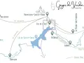 Carte des Gorges du Verdon, idéale pour une randonnée. Elle indique les distances et temps de trajet entre Valensole, Moustiers, Aiguines et le lac de Sainte-Croix.