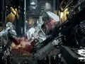 Soldados cibernéticos en Neo Berlin 2087, uno con rifle futurista, listos para la acción en un entorno urbano sombrío.