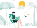 Mężczyzna pracuje na laptopie pod parasolem plażowym, marząc o wakacjach ZUS 2025. Palmy i słońce dopełniają tropikalny klimat.