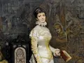 Portret Heleny Modrzejewskiej, symbolizujący jej bogatą biografia. Aktorka w bogatej sukni trzyma książkę, w tle malowidła.