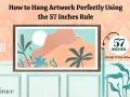 Illustration showing how high to hang pictures using the 57 inches rule for the center of the artwork.