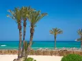 Palmy nad turkusowym morzem, idealna pogoda Djerba. Słoneczny dzień na plaży z łódką na wodzie.
