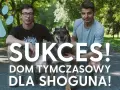 Dwóch mężczyzn i pies w parku. Napis "SUKCES! DOM TYMCZASOWY DLA SHOGUNA!" sugeruje udaną adopcję.