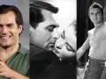 Uśmiechnięty Henry Cavill obok klasycznych scen filmowych.