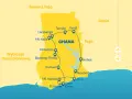 Mapa turystyczna **Ghana Afryka** z zaznaczonymi miastami: Akra, Kumasi, Tamale, wybrzeże Kości Słoniowej. Trasa obejmuje parki narodowe i historyczne miejsca.