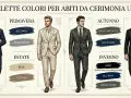 Uomo elegante in abito blu scuro, ideale per un matrimonio. La palette colori suggerisce tonalità per ogni stagione.