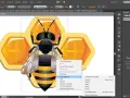 Ilustrator tworzy pszczołę i plaster miodu. Menu kontekstowe pokazuje opcje transformacji.