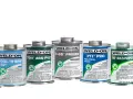 A collection of Weld-On PVC cements and primers, including a tube of 719™ PVC Industrial Grade, cans of Pool 'R Spa 747™, 794™ ABS-PVC, P-68™ Primer, 711™ PVC Industrial Grade, 790™ Multi-Purpose, and 795™ PVC.