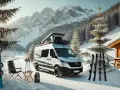 Gotowy na przygodę! Kamperem na narty, z deską snowboardową i nartami czekającymi na śnieżne stoki. Góry i lasy w tle zapraszają.