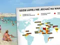 Mapa świata z zaznaczonymi krajami, do których odradza się podróże. Idealna do planowania fajnych miejsc na wakacje za granicą, ale z uwagą na te oznaczone na czerwono.